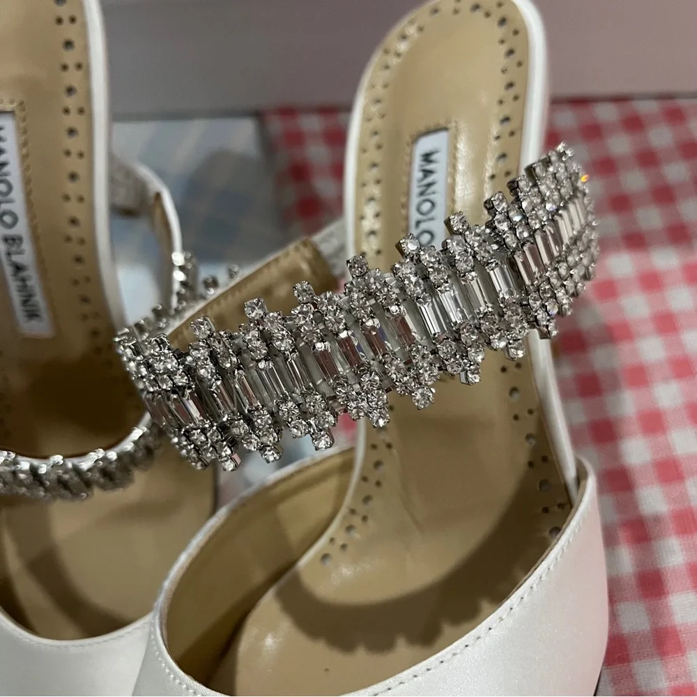 Manolo Blahnik White Satin Pointed Mules with Crystal Strap